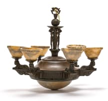 An Art Deco Egyptian Revival six-light patinated bronze and alabaster chandelier, 1920s
