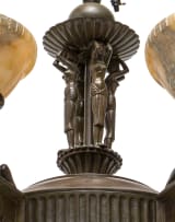 An Art Deco Egyptian Revival six-light patinated bronze and alabaster chandelier, 1920s