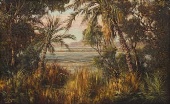 Tinus de Jongh; Lagoon with Palm Trees