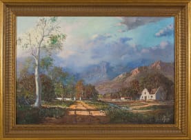 Gabriel de Jongh; Cape Dutch Cottage with Mountains Beyond