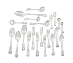 A George IV part set of assembled silver Fiddle, Thread and Shell pattern flatware, William Eaton, Mary Chawner, William Brown, Richard Poulden, Chawner & Co, London, 1825-1871