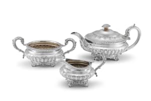 A George IV assembled silver three-piece tea service, The Barnards and Rebecca Eames, London, 1821-1828