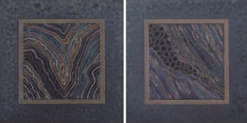 Sandra Uttridge and Nelius Britz; Two blue torques tiles with gold, silver and bronze lustre