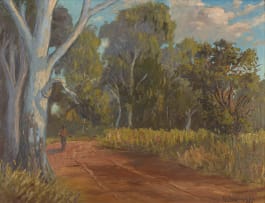 Adriaan Boshoff; Figure Walking down a Road lined with Blue Gums