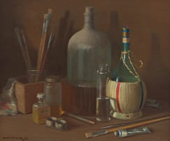 Willem Hermanus Coetzer; Still Life with Bottles and Paint Brushes