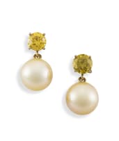 Pair of diamond and golden South Sea pearl earrings