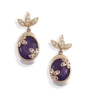 Pair of amethyst, diamond, white and yellow gold pendant earrings