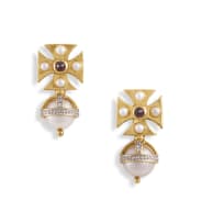 Pair of pearl, garnet, seed-pearl and diamond 9ct gold earclips, Jenna Clifford, modern