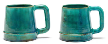 A pair of green and blue-glazed Linn Ware tankards