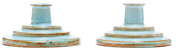 A pair of Linn Ware pale blue-glazed candlesticks