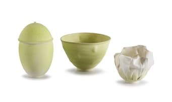 Katherine Glenday; A Lime Green Bowl, Covered Cup and Floral Decorative Vessel, three