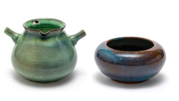 A Globe blue and green-glazed two-handled cauldron