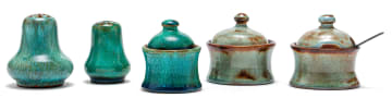 Three Linn Ware condiment jars and covers