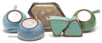 A Globe turquoise-glazed and chrome condiment set