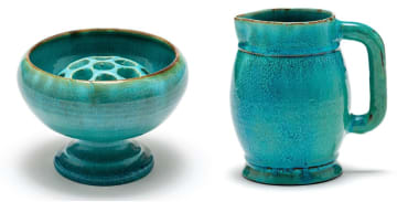 A Linn Ware turquoise and dark blue-glazed pedestal vase