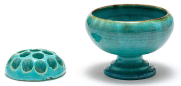 A Linn Ware turquoise and dark blue-glazed pedestal vase