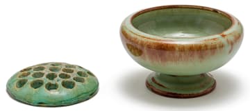 A Linn Ware celadon green and russet-glazed pedestal bowl