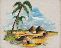 Durant Sihlali; Palm and Huts in a Landscape