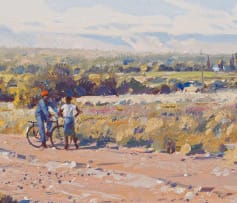 Francois Koch; Figures with Bicycle in the Karoo