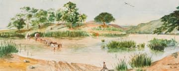 Walter Battiss; Landscape with Oxwagon and Cart Crossing a River
