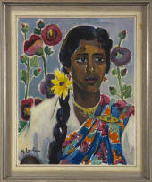 Maggie Laubser; Portrait of a Woman wearing a Sari against a Floral Background