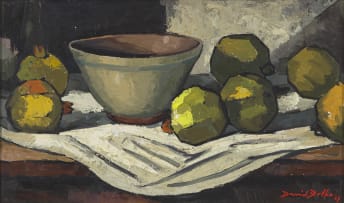 David Botha; Still Life with Pomegranates and a Bowl on a White Cloth