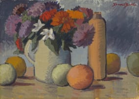 David Botha; Still Life, with Flowers, Bottle and Fruit