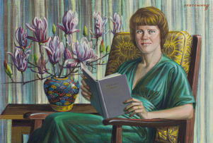 Vladimir Tretchikoff; Woman Reading 'Pigeon's Luck' with Magnolias in a Chinese Vase