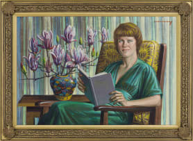 Vladimir Tretchikoff; Woman Reading 'Pigeon's Luck' with Magnolias in a Chinese Vase