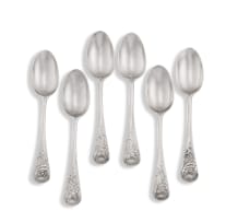 Six early Georgian silver tea spoons, marks indistinct