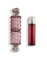 A red and clear glass and silver-plate mounted double-end scent bottle