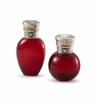 A Victorian red-glass and silver-gilt and turquoise-mounted vinaigrette scent bottle, Howell & Co, London