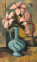 David Botha; Hibiscus Flowers in a Blue Vase