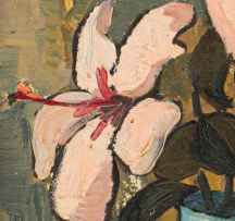 David Botha; Hibiscus Flowers in a Blue Vase