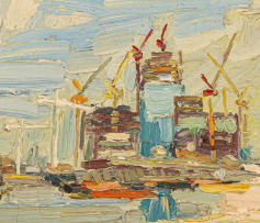 George Rowlett; Canary Wharf Nearing Completion, Sun over Deptford
