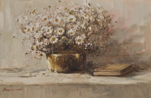 Christiaan Nice; Daisies in a Copper Bowl and a Book