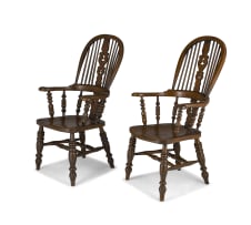 A pair of Lancashire style elm and ash high back Windsor armchairs, 19th century