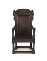 A carved oak Wainscot armchair, incorporating earlier elements, 18th/19th century