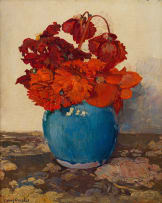 Frans Oerder; Mixed Red Flowers in a Blue Jar