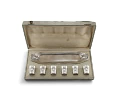 A German silver tray and six shot beakers, .800 standard