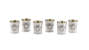A German silver tray and six shot beakers, .800 standard