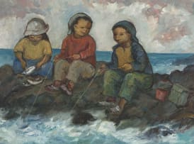 Amos Langdown; Three Children Fishing on the Rocks