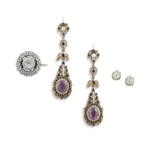 Pair of faux amethyst, pearl and gilt-metal pendant earrings, late 19th century