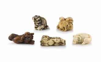 Five Japanese ivory carvings of animals, Meiji period, 1868-1912