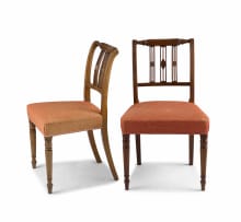 A pair of George III mahogany and upholstered side chairs