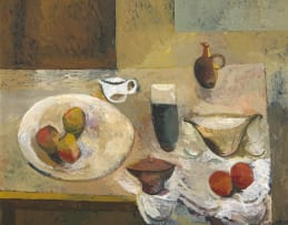 Cecil Skotnes; Still Life with Vessels and Fruit on a Table