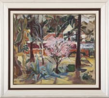 Maud Sumner; A Blossoming Tree and House in a Wooded Landscape