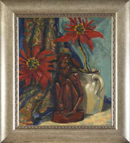 Bettie Cilliers-Barnard; Still Life with Figurine and Poinsettias