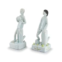 Nico Masemola; Two White, Green and Brown-glazed figures of Soccer Players