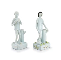 Nico Masemola; Two White, Green and Brown-glazed figures of Soccer Players